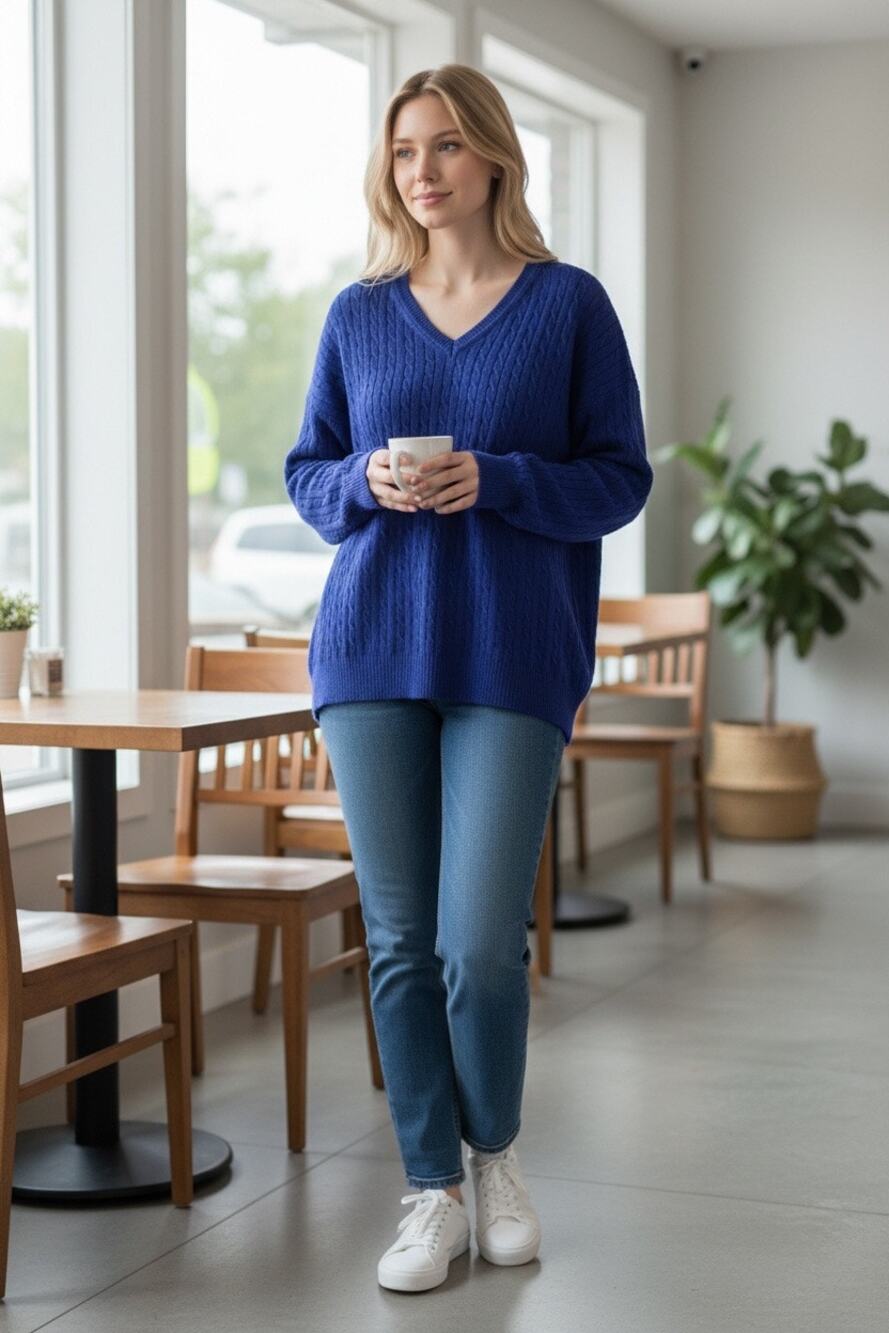 Kim Rogers Women’s Large Blue Cable Knit V Neck Sweater Long Sleeve